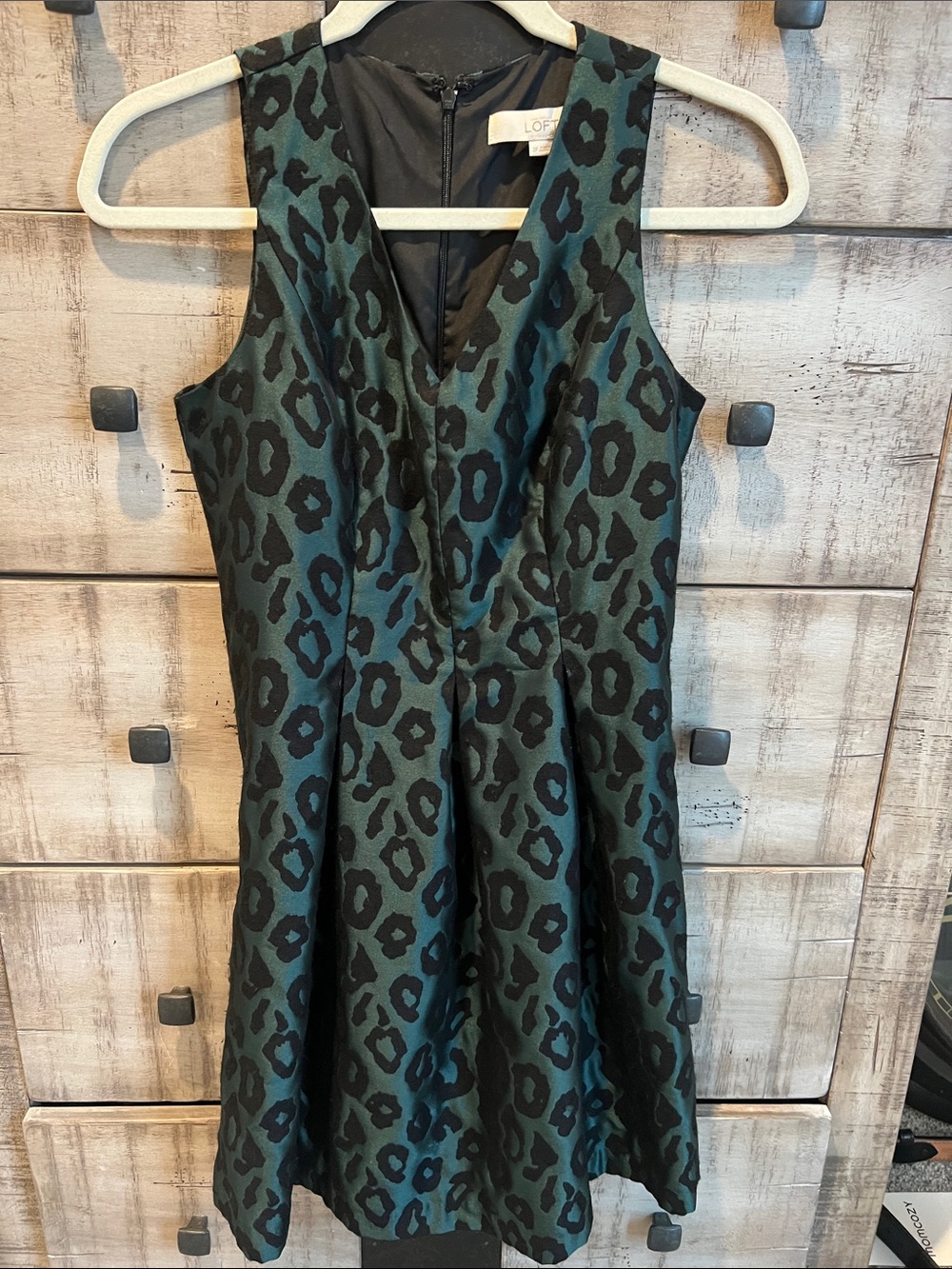 LOFT Black and Green Leopard Print V-Neck Midi Dress